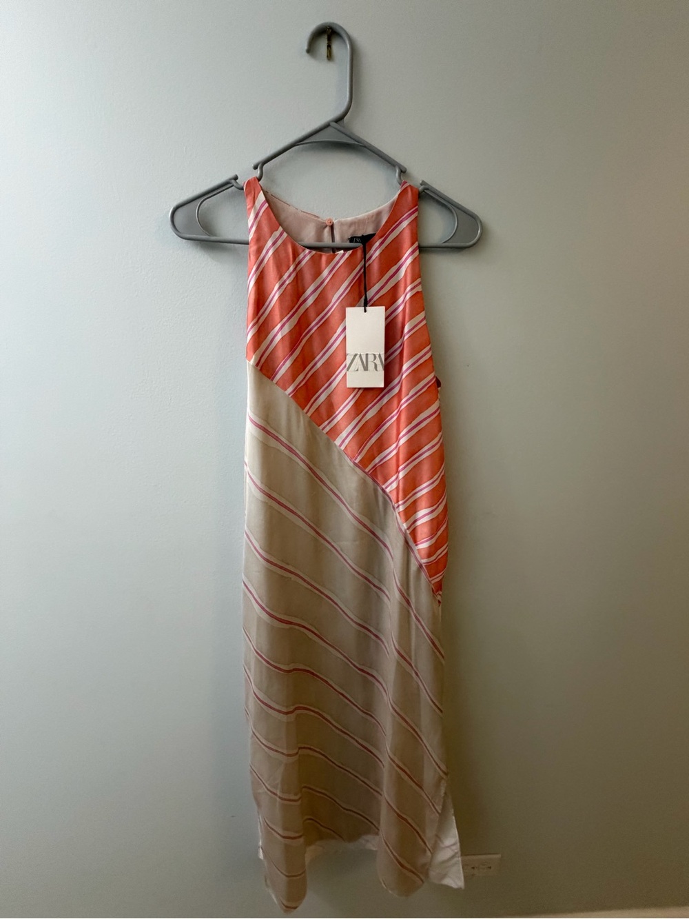 Zara Coral and Cream Asymmetrical Striped Sleeveless Dress